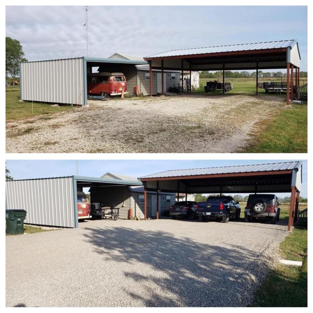 A before and after picture of a carport with cars parked underneath it