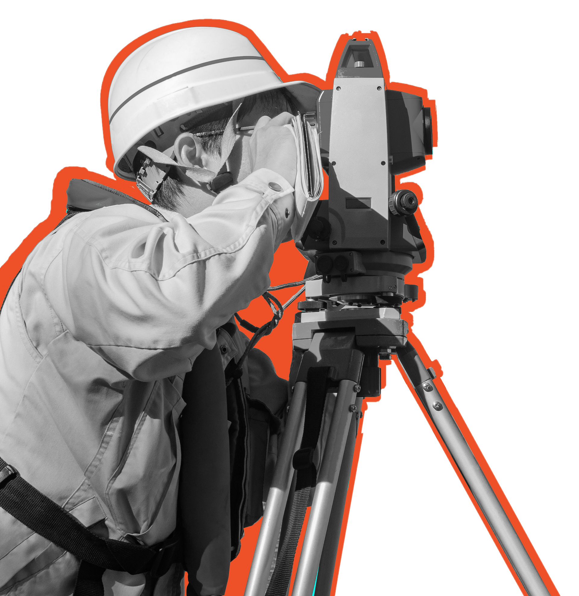 A man wearing a hard hat is using a camera on a tripod