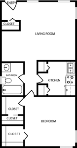 Floor plan of a small apartment with living room, kitchen, bedroom, and bathroom.