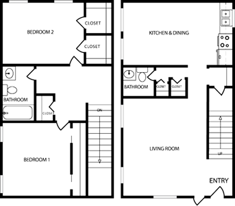 Two-story floor plan: Kitchen/dining and living room on one level, two bedrooms and a bathroom on the other.