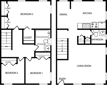 Floor plan of a two-story house, with bedrooms, bathrooms, kitchen, dining area, and living room.
