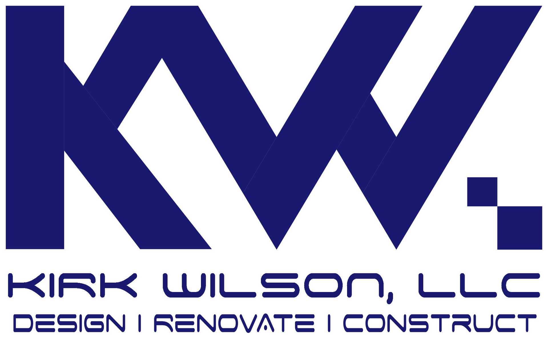 a blue logo for kirk wilson llc design i renovate i construct