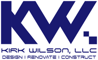 a blue logo for kirk wilson llc design i renovate i construct