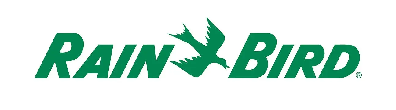 Rain Bird logo: Green text with a bird symbol, white background.