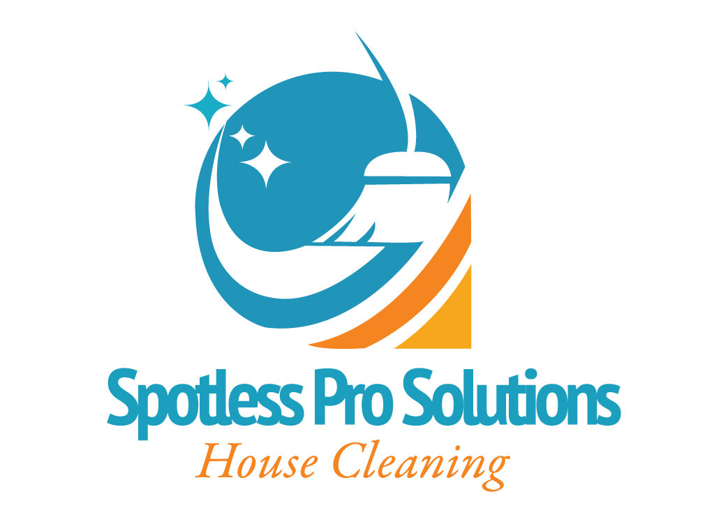 Logo for "Spotless Pro Solutions House Cleaning": blue and orange design with a broom and sparkle.