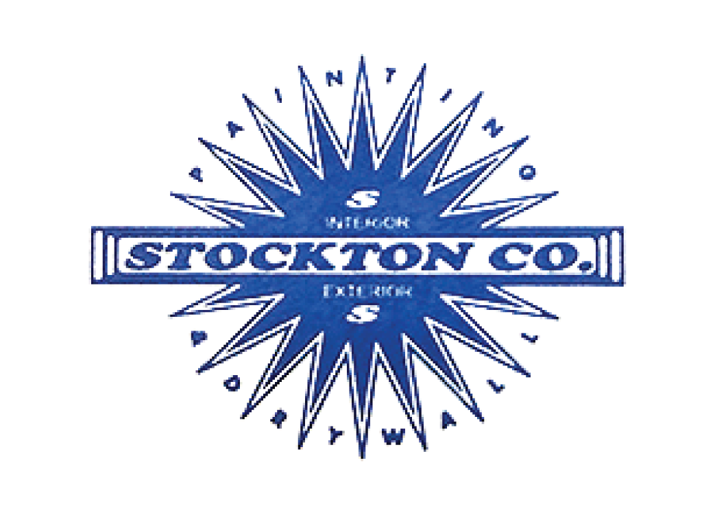 Blue Stockton Co. logo: starburst shape with company name inside a horizontal rectangle. "Interior/Exterior Drywall."