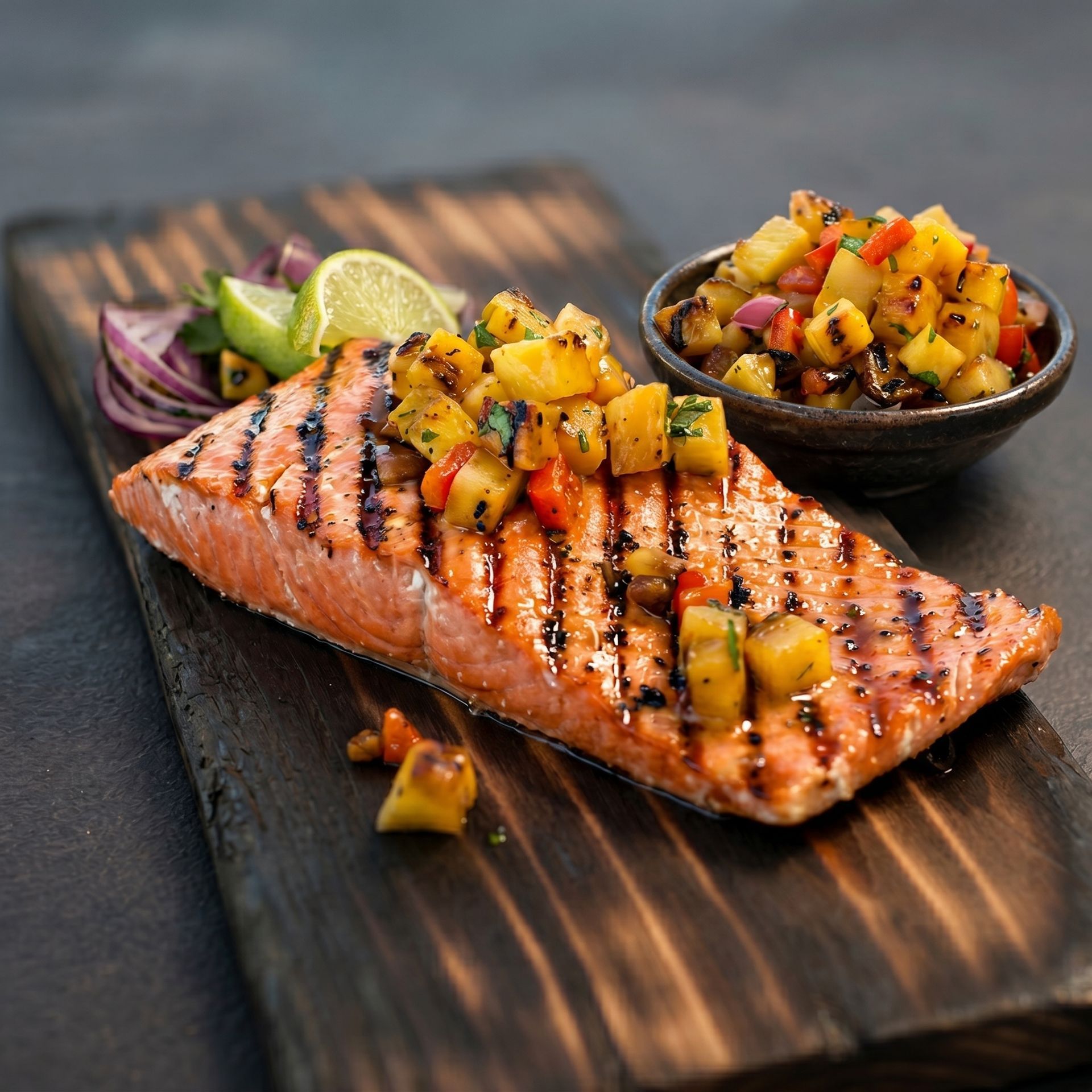 Grilled salmon fillet with mango salsa on a wooden board, garnished with lime and red onion slices
