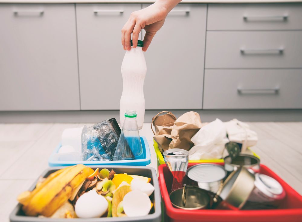 Hand Placing A Bottle Into A Recycling Bin Beside Sorted Trash Bins — RWM Cleaning in Deception Bay, QLD