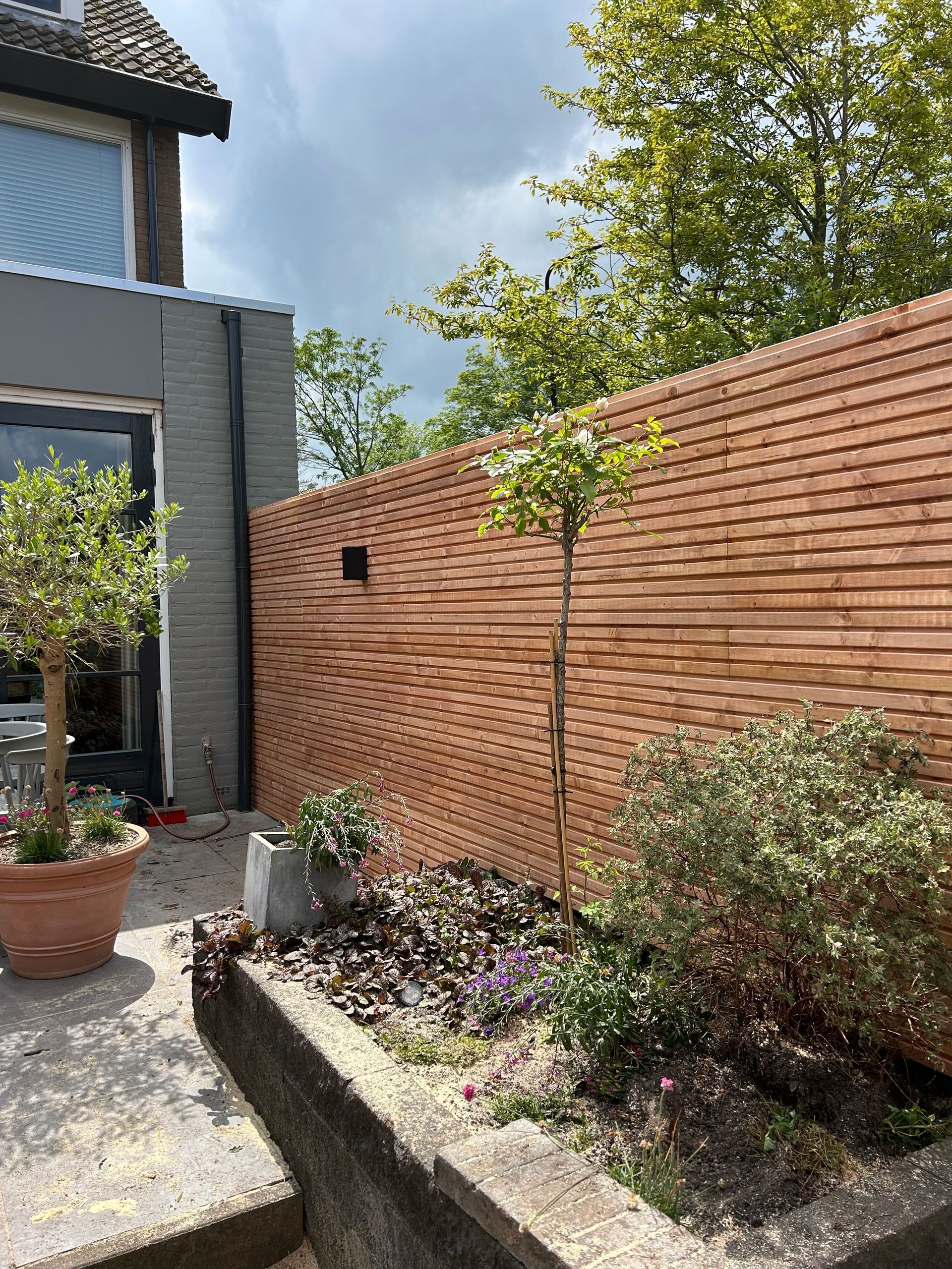 Een houten schutting in een tuin met planten en een huis op de achtergrond.