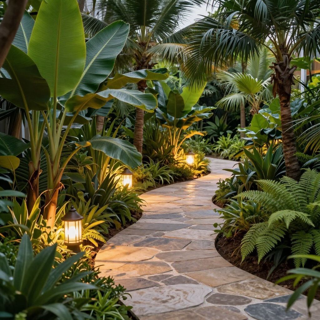 Stone path winds through lush, tropical garden, illuminated by lanterns.