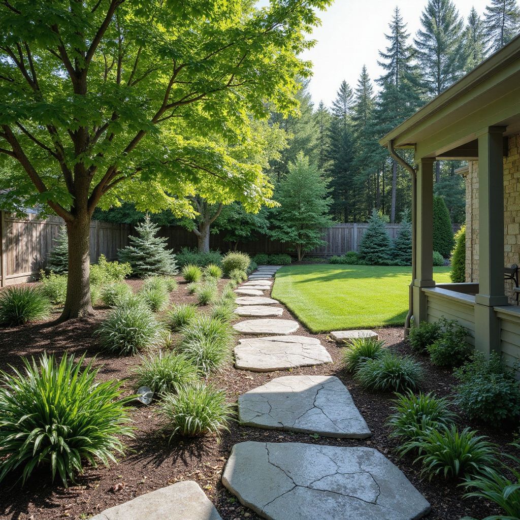 Stone path through a landscaped yard, leading to a house, with greenery and trees.