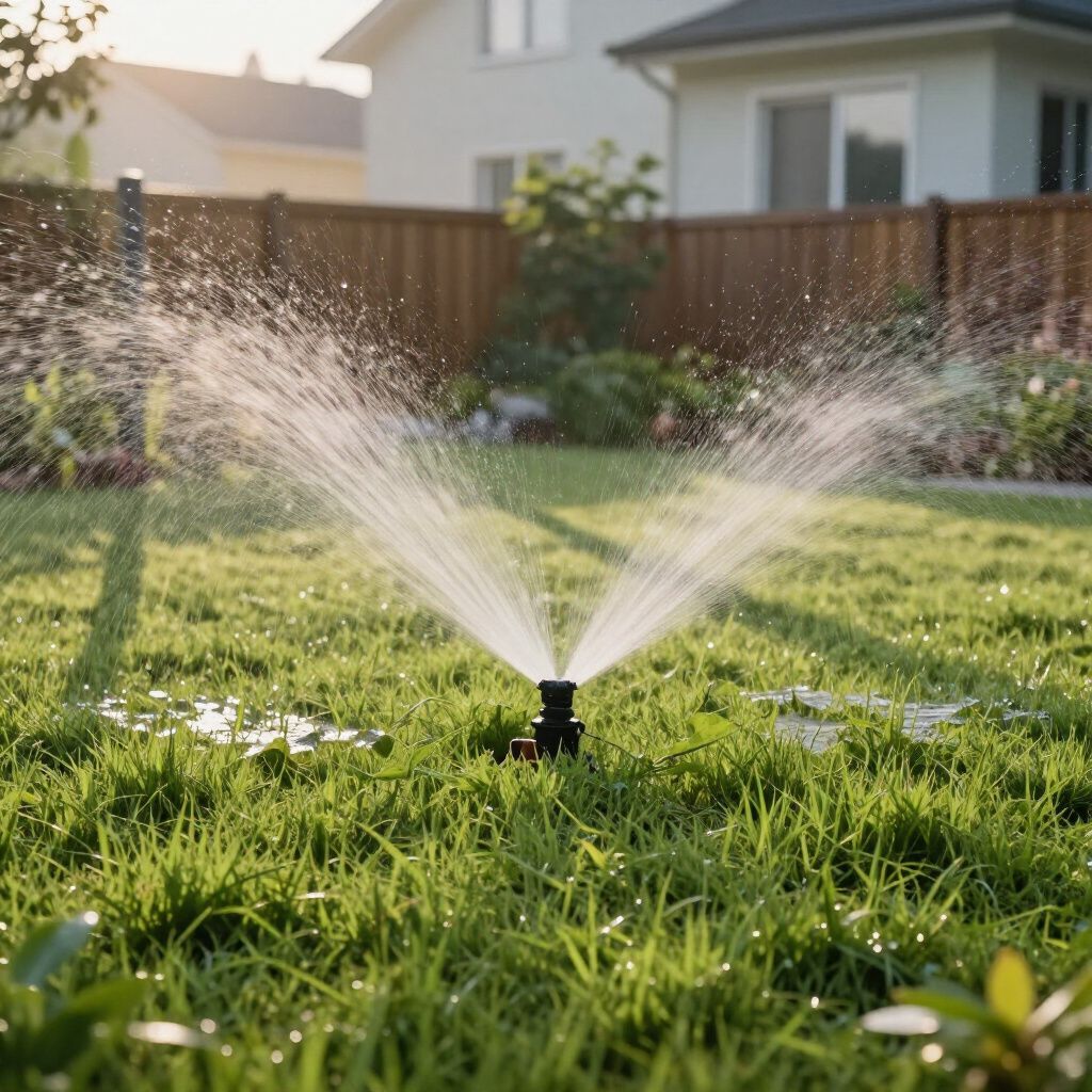Sprinkler watering a green lawn in a backyard, house and fence in the background.