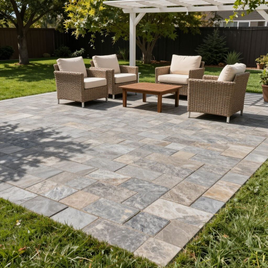 Patio with four wicker chairs, wooden table, and pergola on a grassy yard.