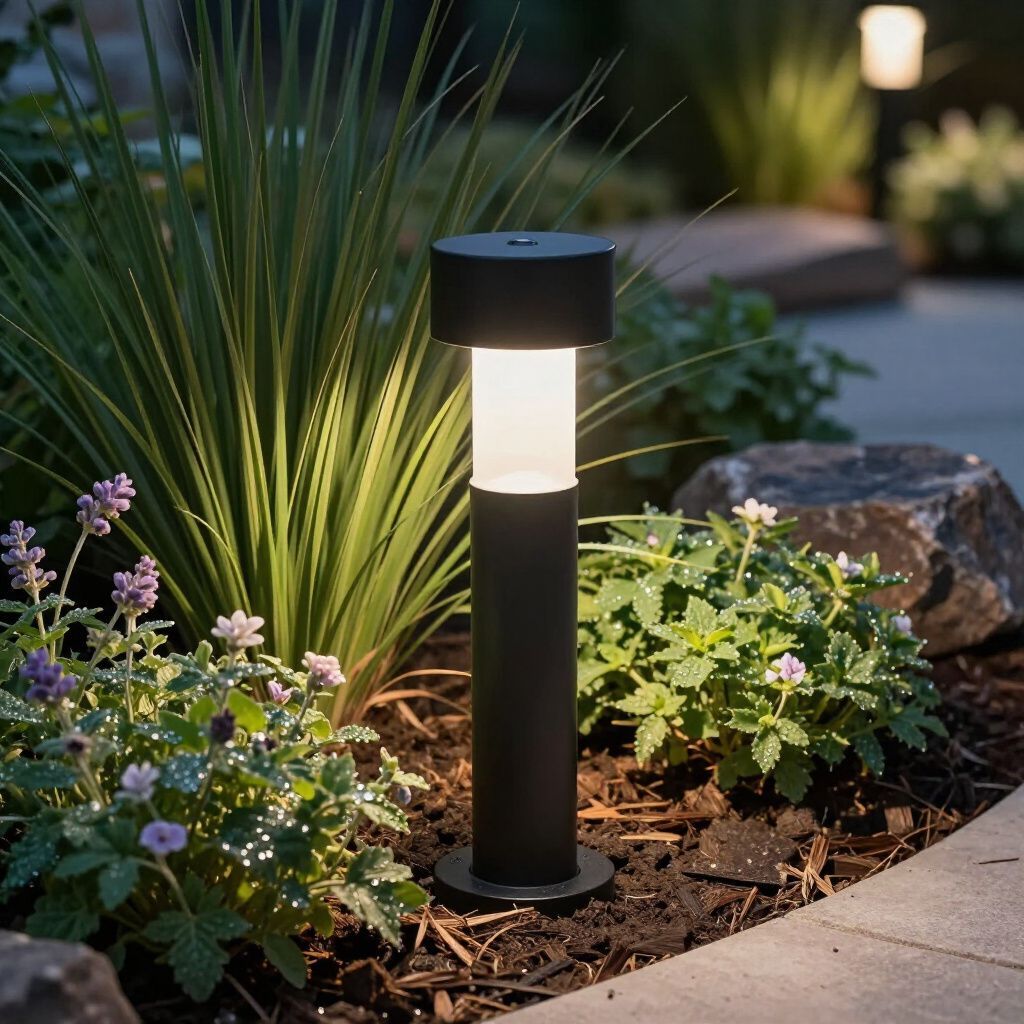 Black outdoor light illuminates a garden bed with plants and a stone.