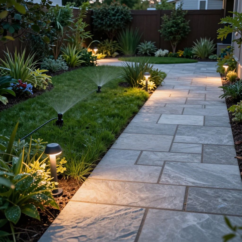 A stone path illuminated by lights leads through a landscaped garden with a sprinkler system.