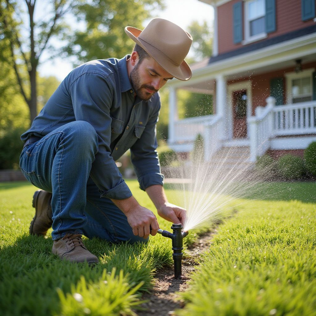 Man in hat adjusts sprinkler head in green lawn near house.