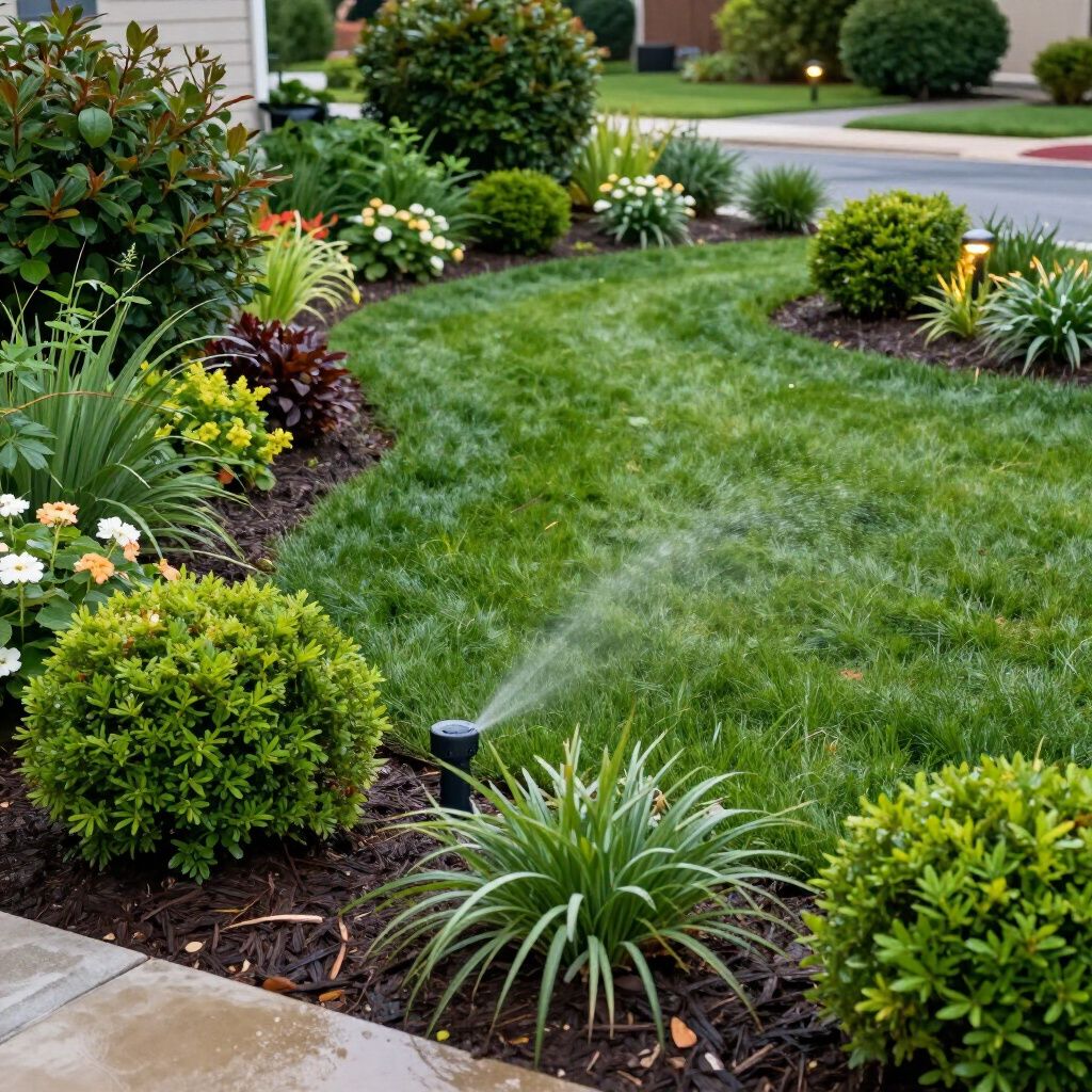 Lush green lawn and flower bed with shrubs and plants, sprinkler watering the grass in front of a house.