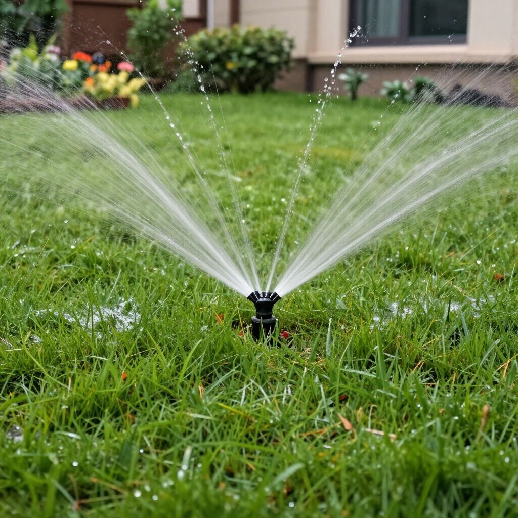 Lawn sprinkler spraying water on a green grassy lawn in front of a house.