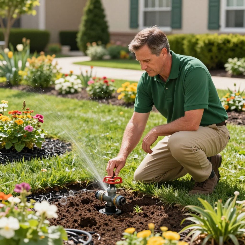 Man in green shirt adjusting a sprinkler in a garden with colorful flowers.