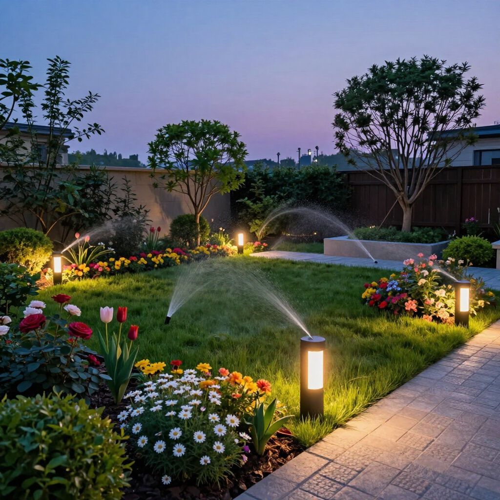 Garden at dusk with sprinklers watering lawn, illuminated by landscape lights.