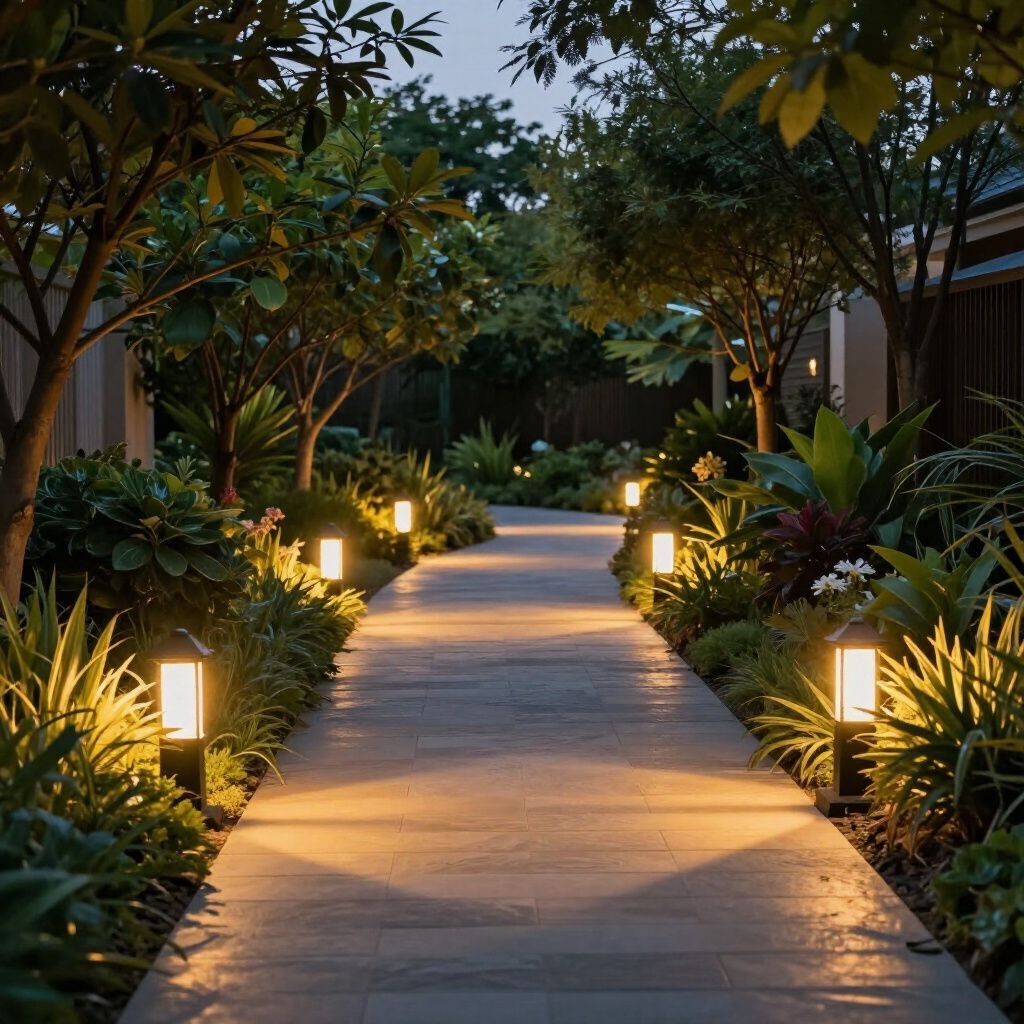 A stone pathway illuminated by glowing lights leads through a lush garden with trees and foliage.