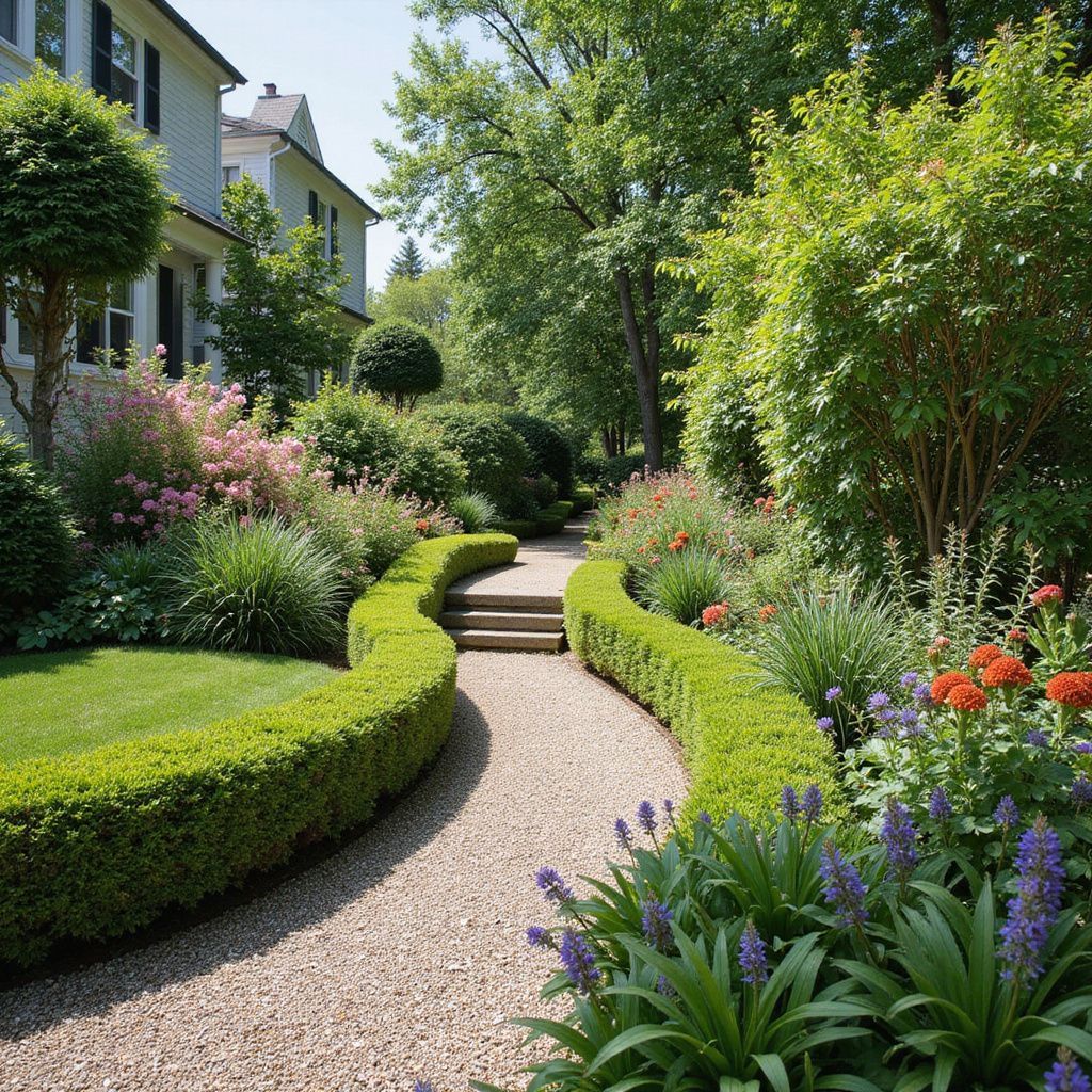 A gravel path winds through a garden with manicured hedges and colorful flowers, leading toward a white house.