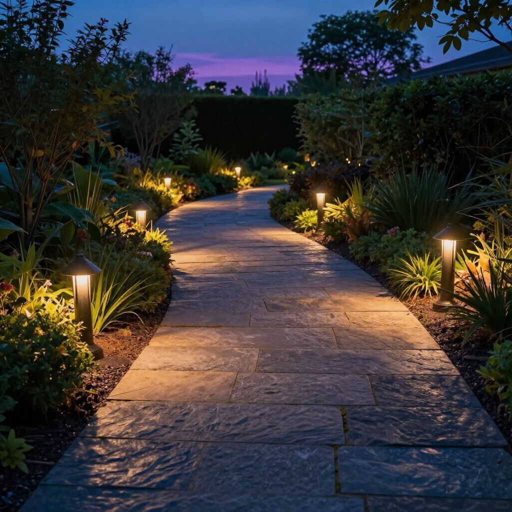 A stone path in a garden at dusk, illuminated by low-level lights. Bushes and plants line the path.