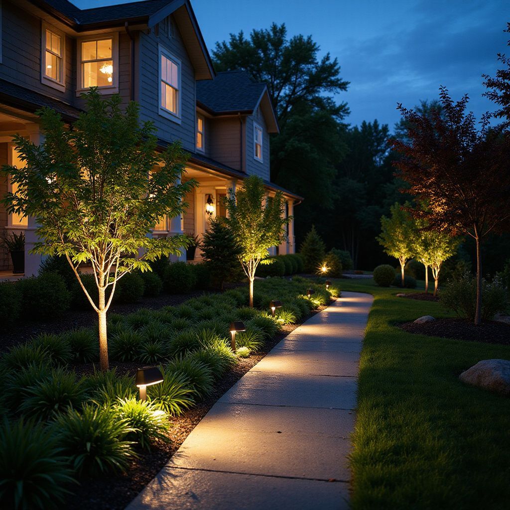 House exterior at dusk, illuminated path and landscaping with spotlights.