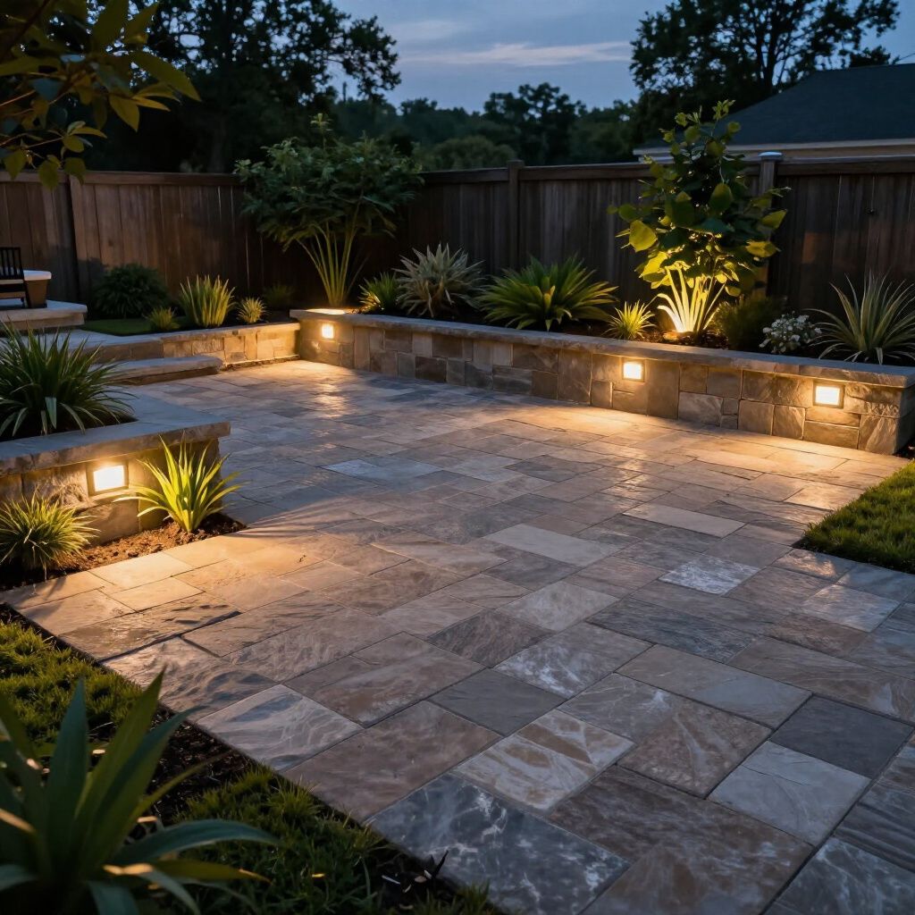 Lit patio with stone pavers, low walls, and landscape lighting at dusk.