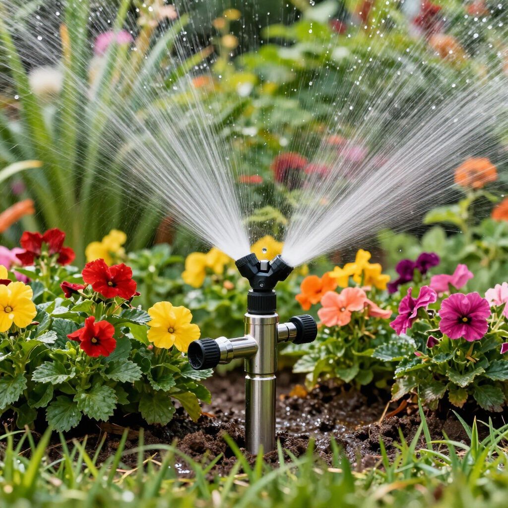 Sprinkler spraying water over colorful flowers in a garden bed.