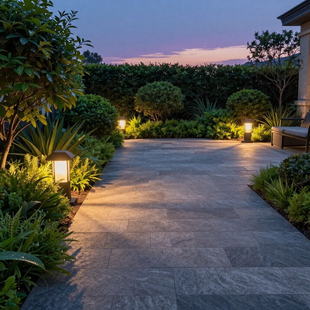 Stone path lit by lamps, leading through a garden with bushes and trees at dusk.