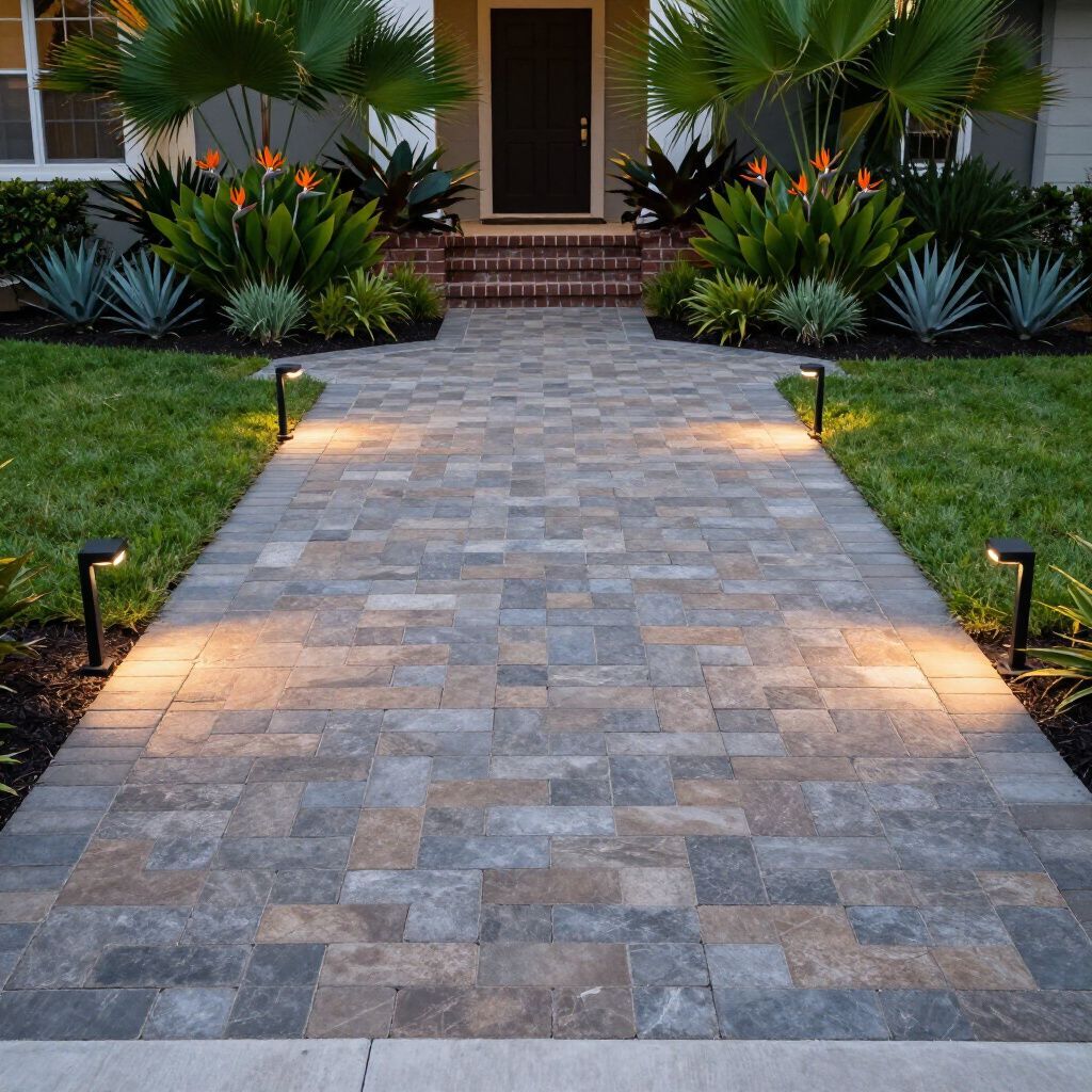 Stone walkway lit by path lights leading to a house entrance with landscaping.