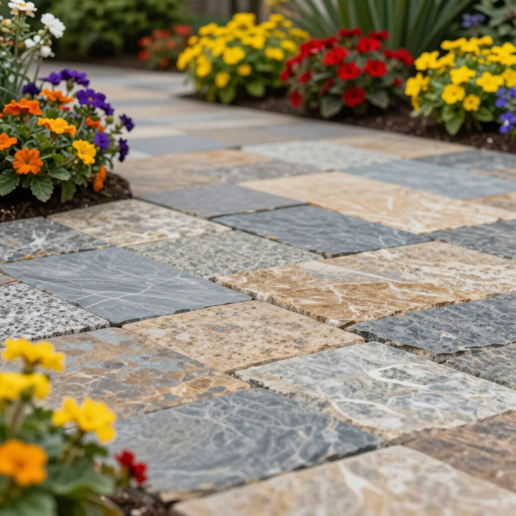 Flagstone pathway bordered by colorful flower beds.