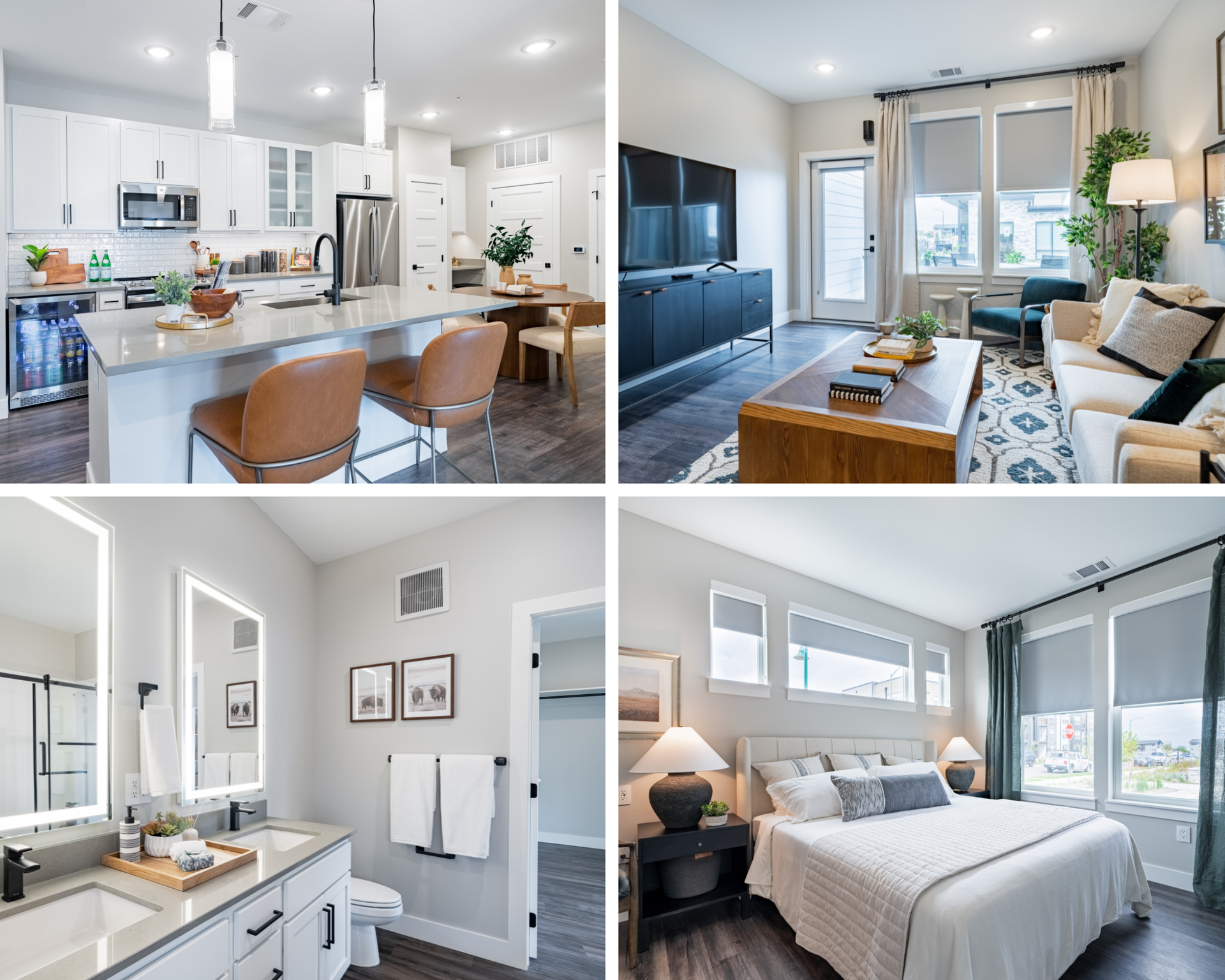 Living room with white sofa, artwork, coffee table, and open kitchen.