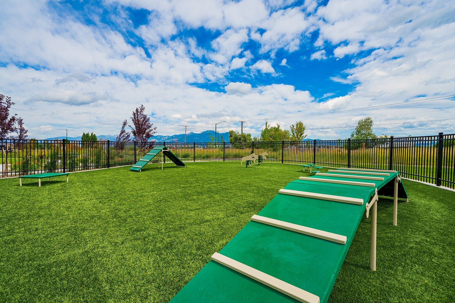 Dog park with green artificial turf, agility equipment, black fence, blue sky, and clouds.