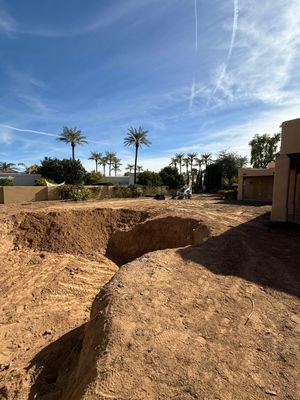 A dirt field with palm trees in the background
