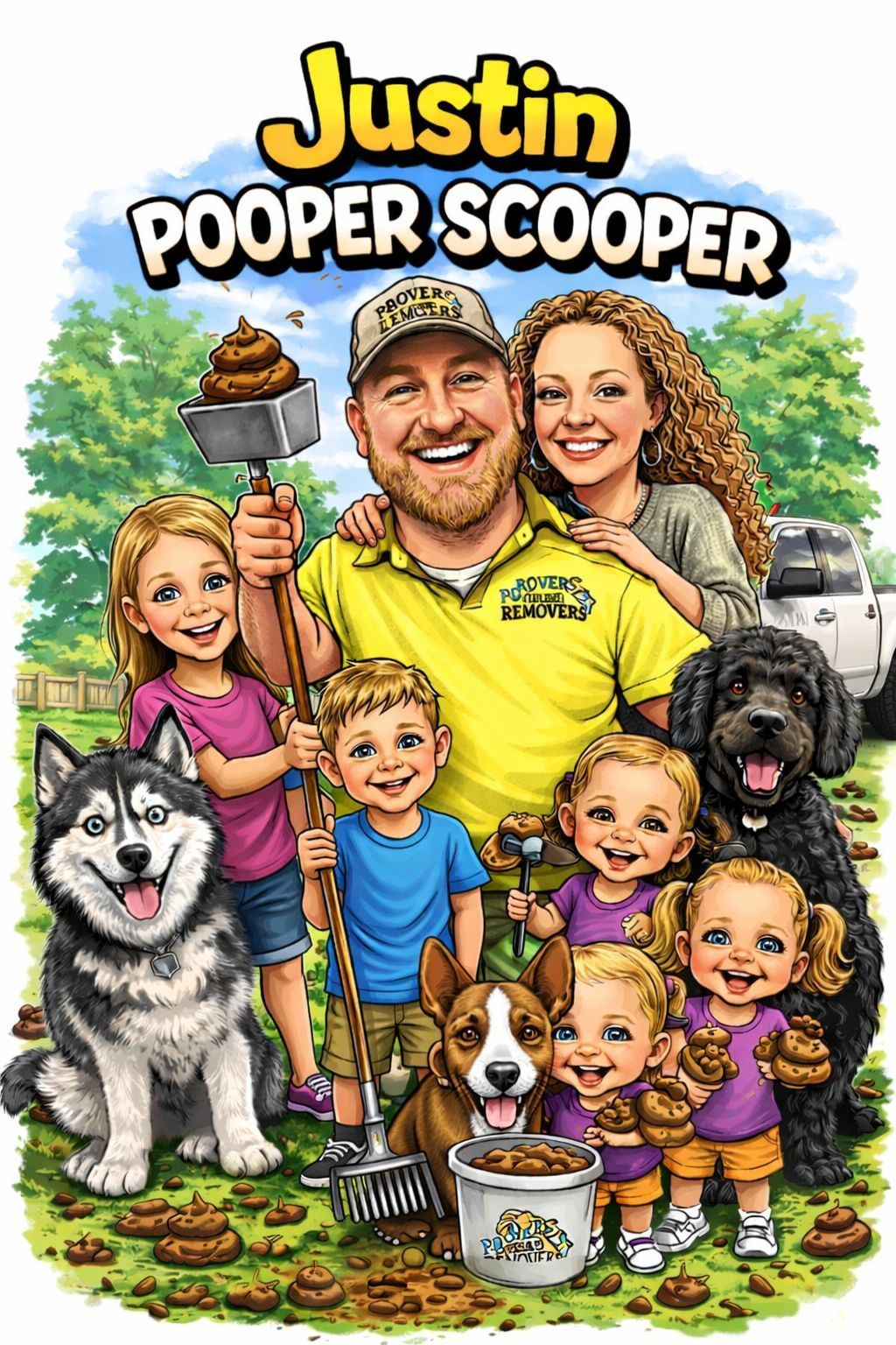 A man with family and dogs poses with poop scoop equipment in yard. Cartoon style.