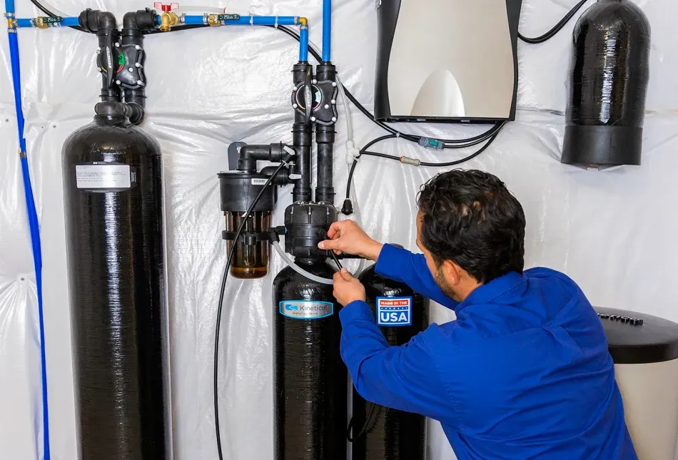 A man in a blue shirt is working on a water filter.