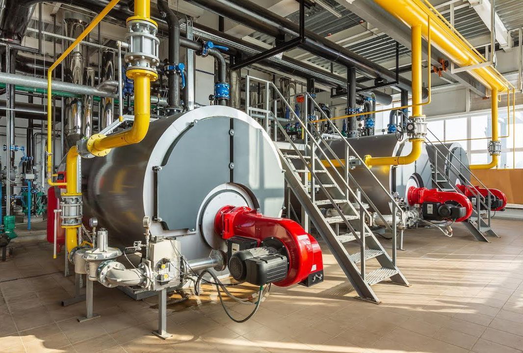 Industrial boilers with yellow and blue piping, red burners, and metal stairs, in a factory setting.