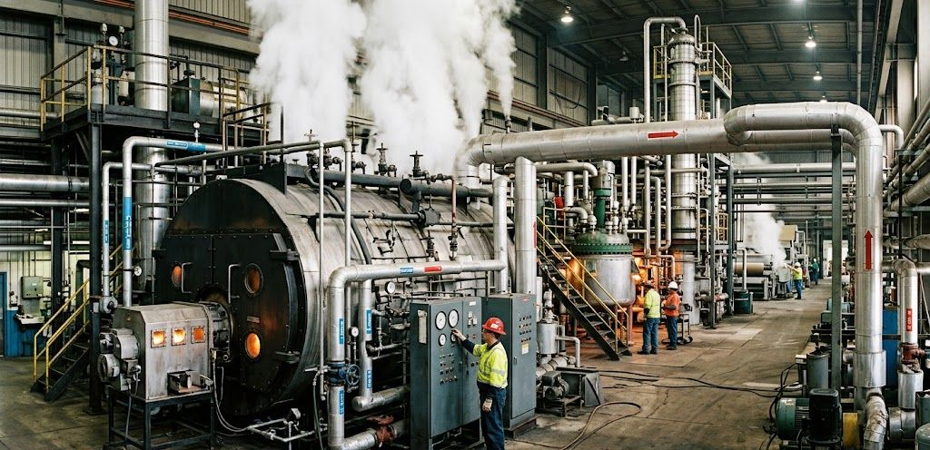 Industrial facility interior with steam rising from a large boiler as an operator works at a control panel.