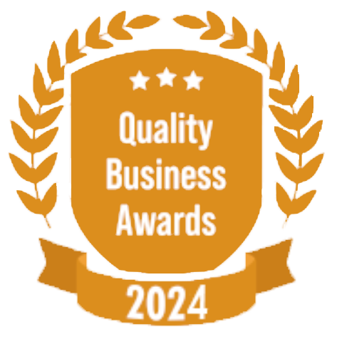 Gold "Quality Business Awards 2024" badge with shield, stars, laurel wreath, and banner.