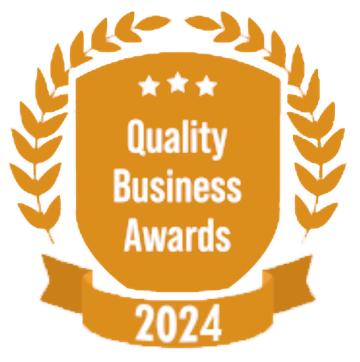 Gold "Quality Business Awards 2024" badge with shield, stars, laurel wreath, and banner.