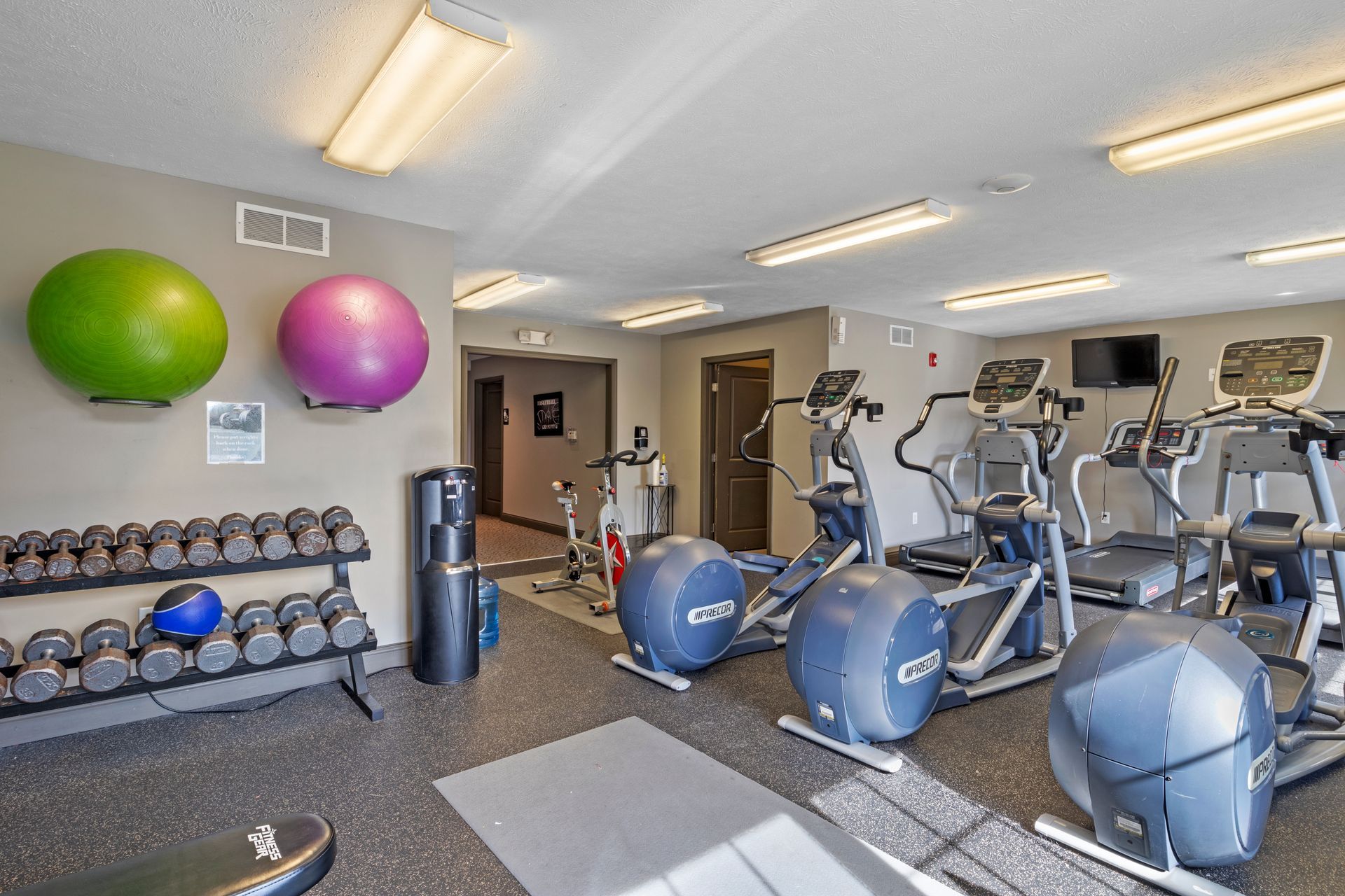 A gym with a lot of equipment and balls on the wall.