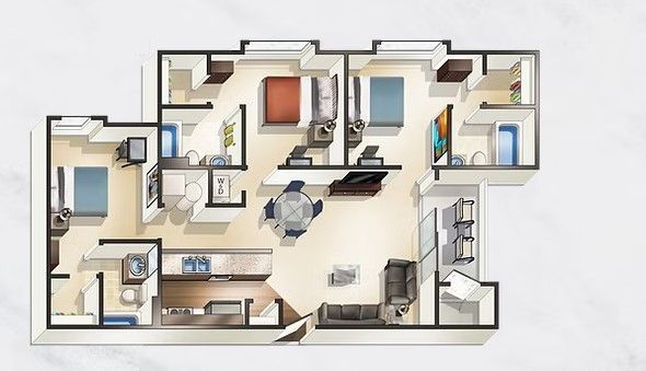 A floor plan of a house with a lot of rooms and furniture.
