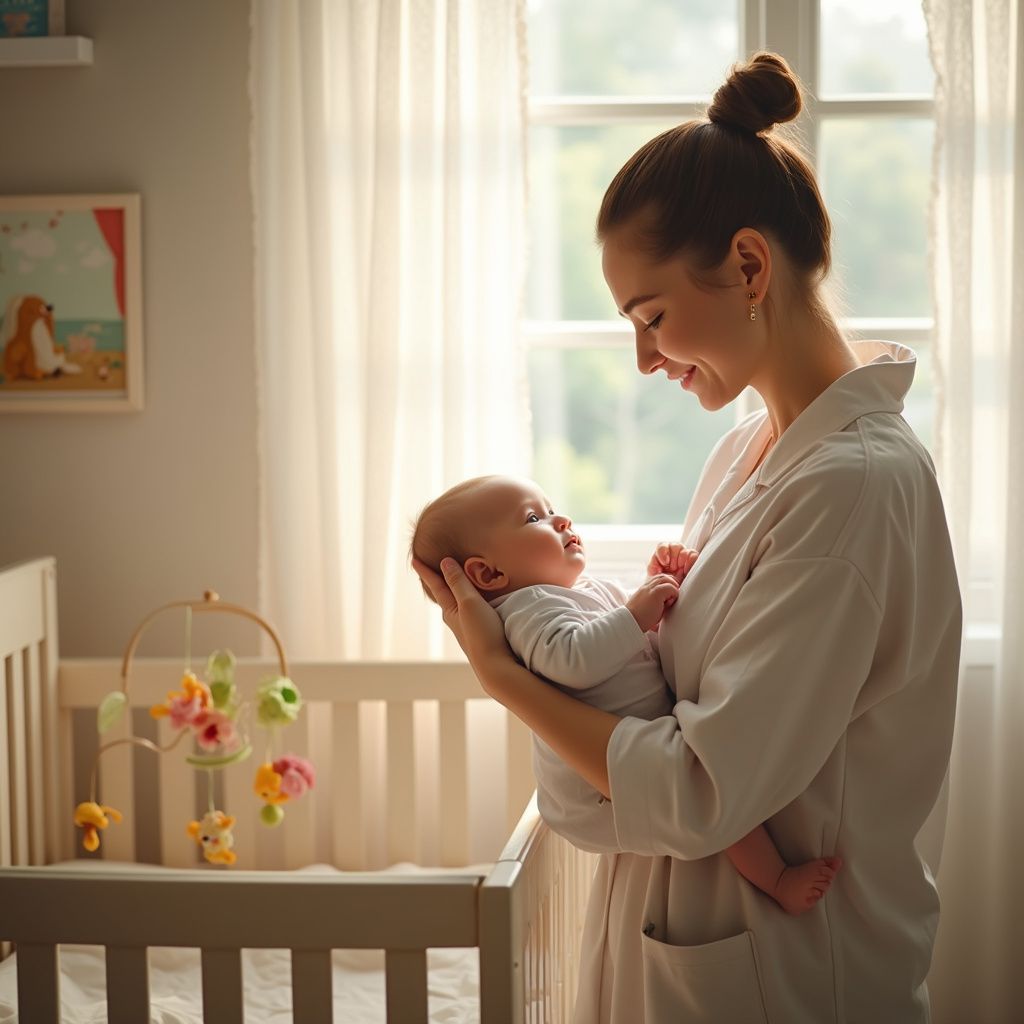 Woman holding a baby near a crib in front of a window. She is smiling.