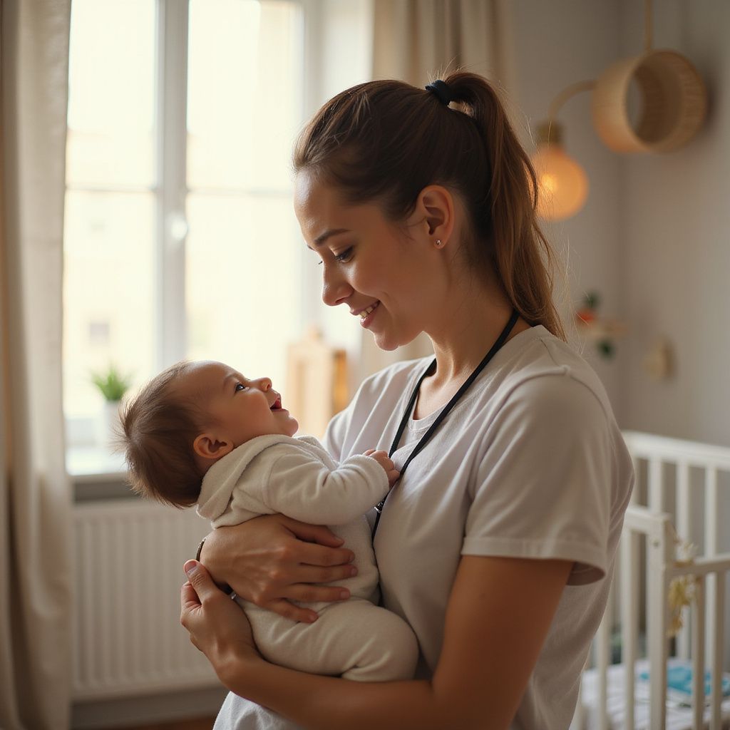 Woman holding a baby, both smiling at each other in a nursery near a window and crib.