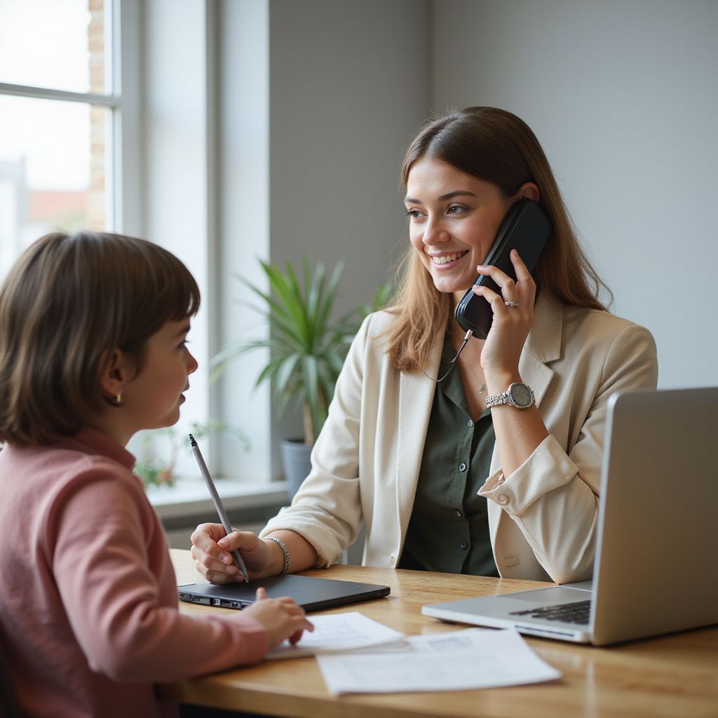 Woman on phone smiles, working at desk with child drawing, near a window with a plant.