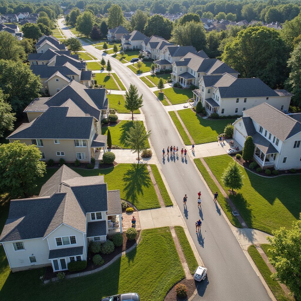 Aerial view of suburban homes lining a street. People are walking on the road and sidewalks.