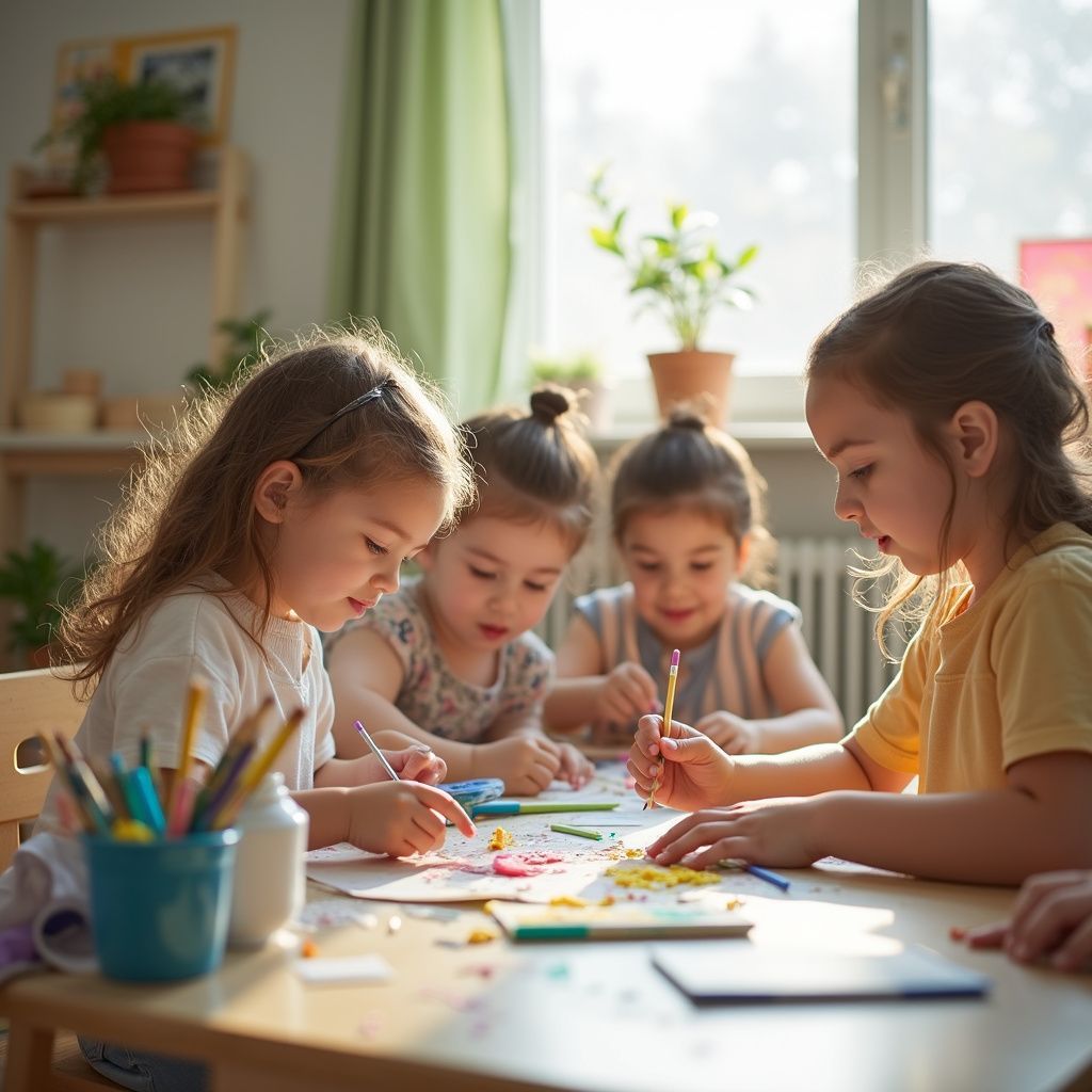 Four children at a table, drawing with colored pencils. Bright room with window and plants.
