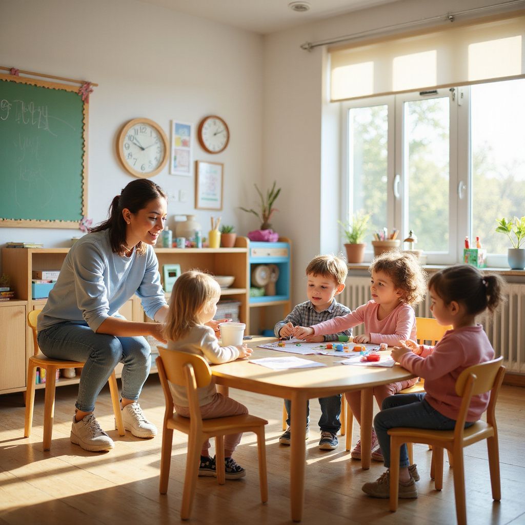 Teacher sits with children at a table, looking at colorful items in a classroom setting.